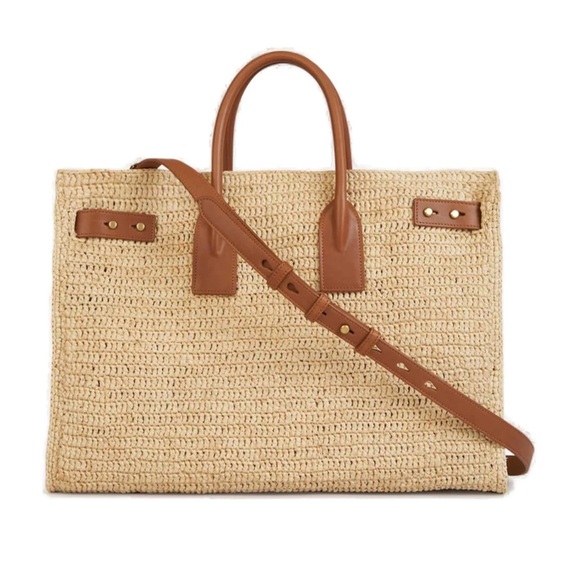 Saint Laurent Medium Sac De Jour Raffia Beige Brown Shoulder Top Handle Tote Bag - Picture 13 of 16